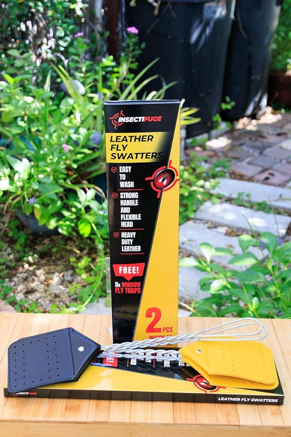 Leather Fly Swatter 2 Pack with 5 Window Fly Traps - Heavy Duty Fly Swatter Manual, Retractable Indoors Outdoors, Large Swatters Multi Pack Long Handle, MATA Moscas