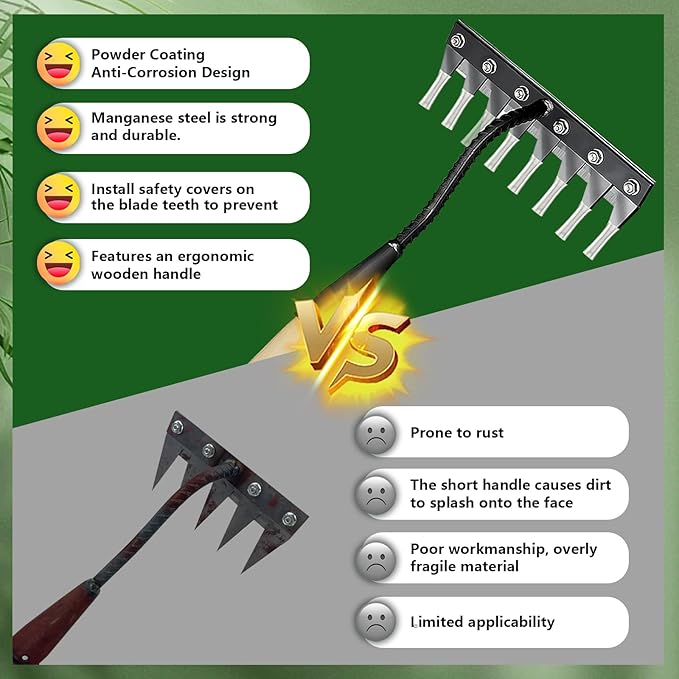 Upgraded Cultivator rake, Spray-Coated Rust-Proof Manganese Steel Weed rake, and 8-Tines Garden Weed Puller Tool with Wooden Handle — All for Lawn and Garden, Ideal gardinia uprooting Tool.