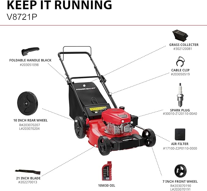 PowerSmart Gas Push Lawn Mower 21-inch 144cc 4-Stroke Engine with Easy Adjustable Cutting Height, High Wheels, 2-in-1 with Mulching, Rear Bagger