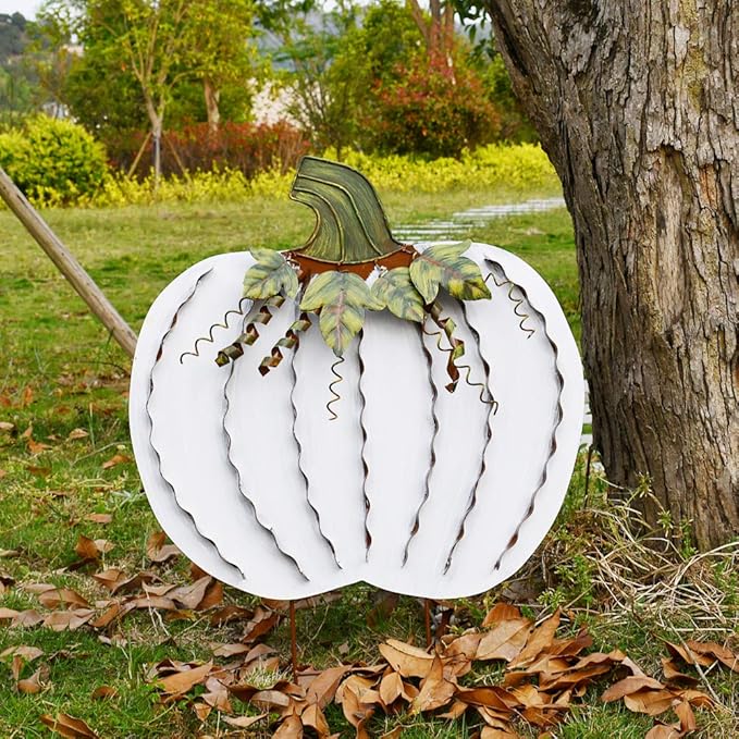 Morning View Pumpkin Garden Stakes Metal Yard Sign Fall Decor Outdoor Autumn Yard Stake Art Pumpkin Lawn Ornaments for Patio Porch Thanksgiving Halloween Harvest 30 Inches Tall Set of 2(White)