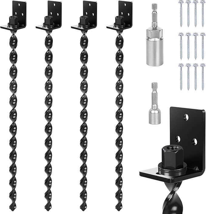 24" Heavy Duty Ground Anchors Screw in, Set of 4 Mobile Home Anchors, Multi-Purpose Earth Anchors with Brackets and Adapter for Drill, Ideal for Mobile Homes, Storage Sheds and Carports(Black)