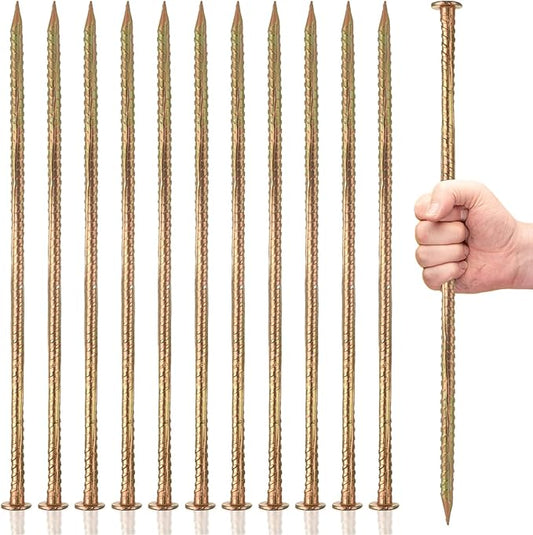 MIVIDE 12 Pack 16 Inch Gold Rebar Stakes, 1/2 Inch Diameter, Galvanized Steel Ground Anchors, Heavy Duty Metal Rebar Stakes for Speed Bumps, Garden Plants, Wheel, Wood, Tent