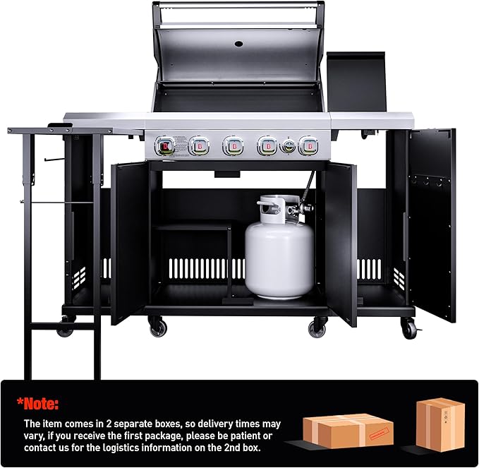 Brand-Man Propane Gas Grill Island Outdoor Kitchen & Storage Cabinets, 52000 BTUs Stainless Steel Burner Patio Cooking BBQ Grill with Side Burner - Natural Gas Convertible, Black (5 Burner)
