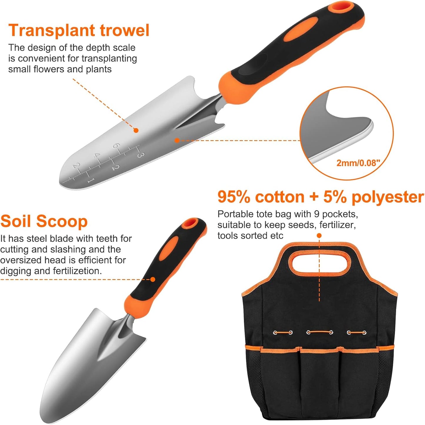 Gardening Tool Set, CHRYZTAL Stainless Steel Heavy Duty Gardening Tool Set, with Non-Slip Rubber Grip, Storage Tote Bag, Outdoor Hand Tools, Ideal Gardening Gifts for Women