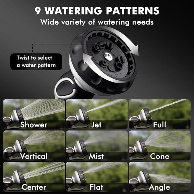 RESTMO Hose Nozzle with Easy Self-Lock Trigger, Heavy Duty Metal Water Hose Sprayer with 9 Spray Patterns and On/Off Valve, Ideal for Outdoor Lawn & Garden Watering, Car & Pet Washing, Silver