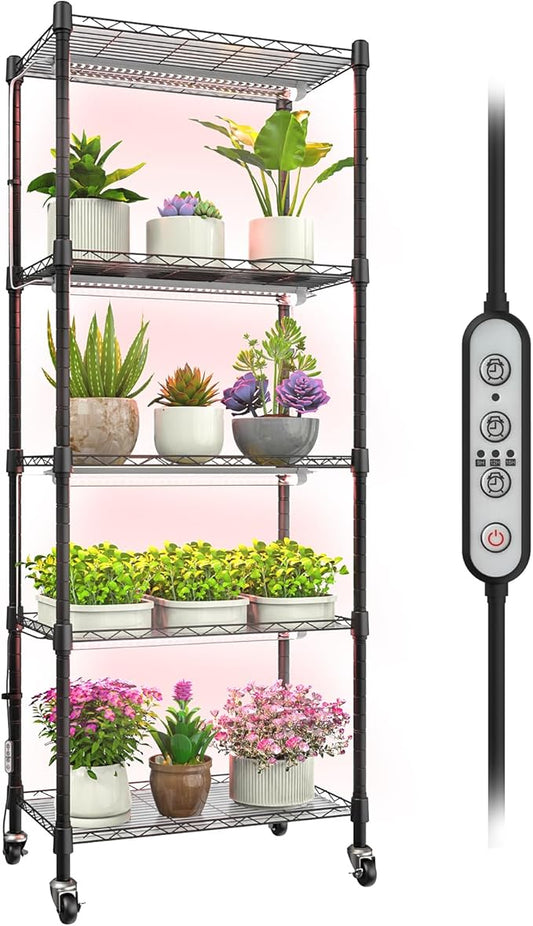 Plant shelf with grow light, 5-Tier metal Plant Stand with 4-Pack 72W Full Spectrum Grow Lights, Auto Timer，Ladder Flower Pot Stand indoor 23.2" L x 13.4" W x 61.4" H