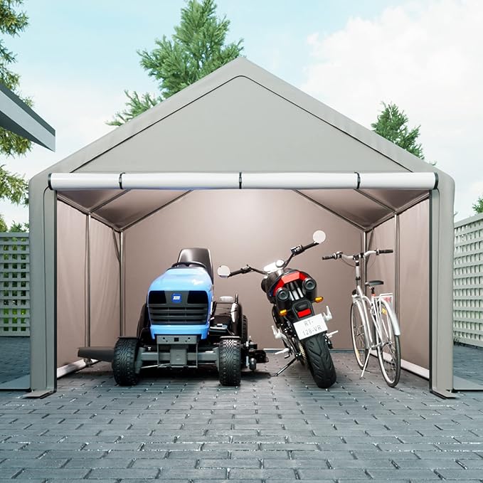 10x10 Ft Portable Outdoor Storage Shed,Bike Shed Storage Tent W/Double Zippers & 4 Tensioners,Carport W/Buckles & 6 Ground Pegs,Car Port Shelter for Garden,Motorcycle Shelter,Lawn,Gray