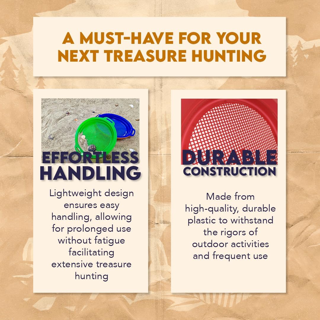 SE 6-Piece Set of 8.5" Plastic Sand Sifting Pans in a Mesh Bag, with 36 Holes Per Inch, in Red, Blue, and Green Colors