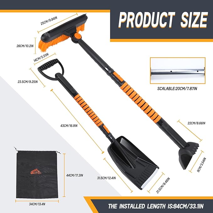 6 in 1 Snow Brush Snow Shovel Set Retractable Car Snow Scraper with 270° Rotating Broom Silicone Strip Foam Grip Ice Scraper and Accidental Snow Shovel Vehicle Winter Kit for Trucks SUV Cars
