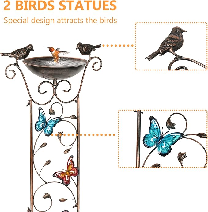SUNNYPARK Bird Bath with Trellis Outdoor, Antique Garden Iron Trellis with Decorative Butterflies Detachable Bird Bowl Metal Potted Plants Support for Climbing Flowers