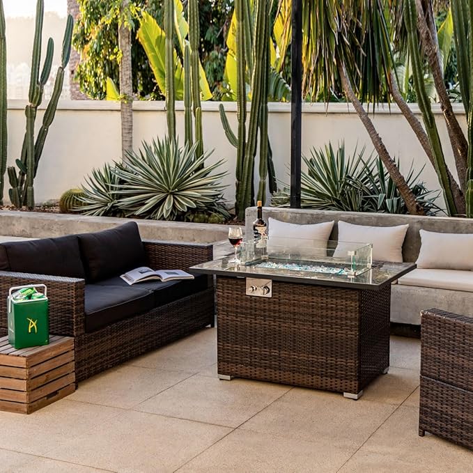 44in Outdoor Propane Gas Fire Pit Table, 50,000 BTU Auto-Ignition Gas Firepit with Glass Wind Guard, Marble Tile Tabletop, Mixed Color Glass Rocks, Brown PE Rattan