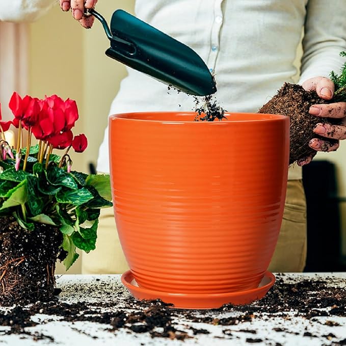 12 Inch Pots for Plants - Ceramic Plant Pots with Drainage Hole and Saucer, Modern Planter for Indoor Outdoor, Round Flower Planters, Porch Home Garden Decor, Gifts for Women, Orange
