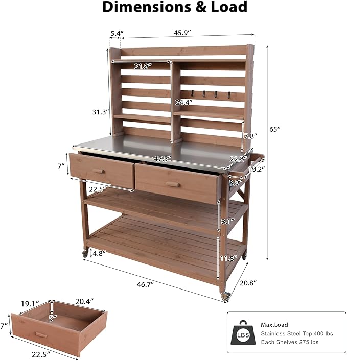 Polibi 64.9" H Outdoor Potting Bench Table with Lockable Wheels,Solid Fir Wood Outdoor Kitchen Island with Upper Hutch,Stainless Steel Top,Towel Rack,Outdoor Storage for Grilling,Lawn Garden(Brown)