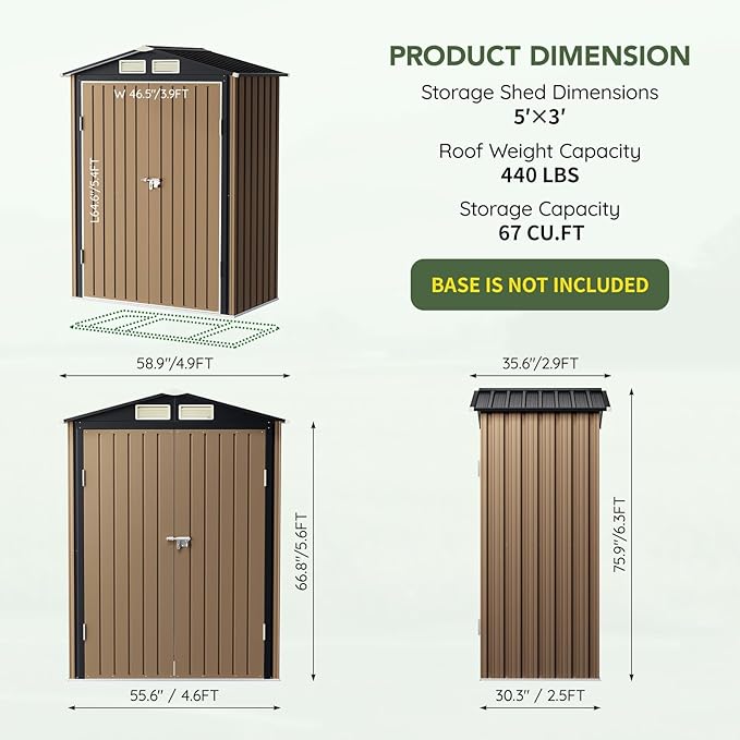 5x3 FT Outdoor Metal Storage Shed, Double Door, 1 Clear Window, Tool Shed for Garden, Patio, Backyard Brown