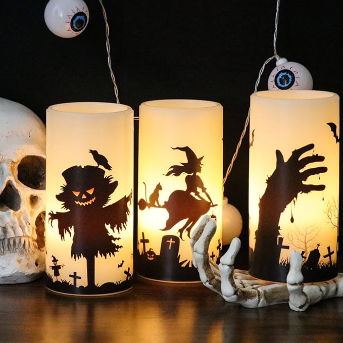 DRomance Halloween LED Flameless Pillar Candles Battery Operated Remote and Timer Real Wax Yellow Light Flickering Scarecrow Witch Ghost Hand Decals Halloween Candles Decoration Gifts(3 x 6 Inches)