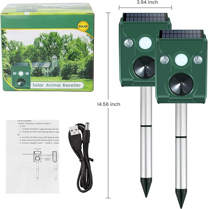 FAYINWBO Latest in 2022 Outdoor Ultrasonic Animal Repeller. Solar Animal Repellent.with Flashing LED Lights, Siren Expelled Cats, Dogs, Rac Green