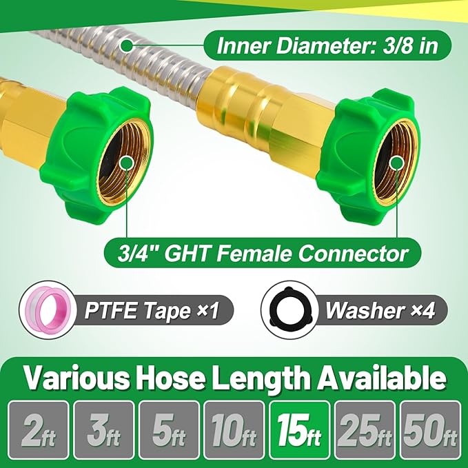 Female to Female Leader Hose for Hoses Reel, 15ft Metal Leakproof Short Garden Hose Connector, Heavy Duty 304 Stainless Steel Flexible Water Pipe for Outdoor Garden Watering Car Pet Cleaning