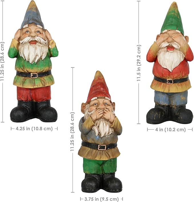 Sunnydaze Three Wise Garden Gnomes - Hear, Speak, and See No Evil Set - Outdoor Lawn Statues