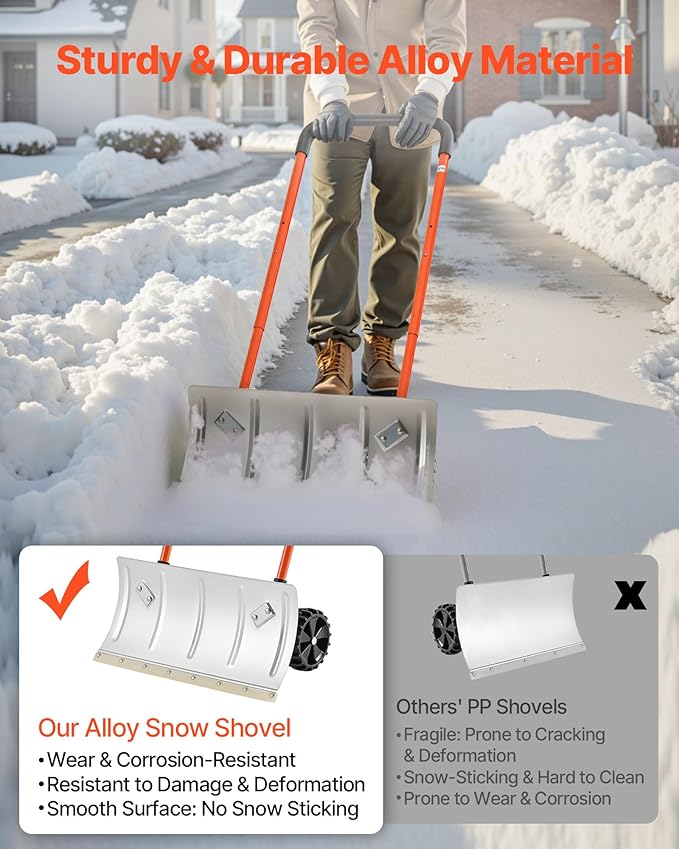 VEVOR 24 inch Snow Pusher Shovel with Wheels, Metal Heavy Duty Wheeled Push Snow Shovels for Driveway