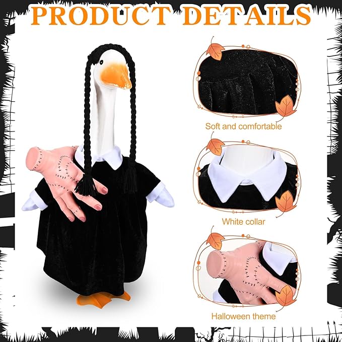 Teemico Halloween Porch Goose Outfits Lawn Goose Clothes Fits 23" Cement Plastic Goose Statue Black Dress Fake Hand Braid Wig for Halloween Outdoor Garden Yard Patio Decor