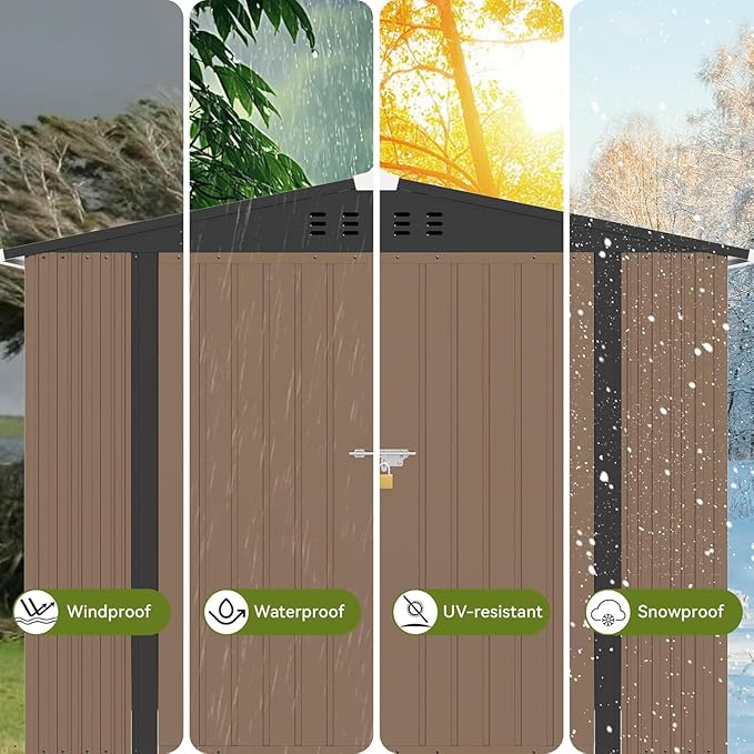COMHOMA Shed Outdoor Storage Shed Metal,Lockable Doors Tool Sheds with Sloping Roof,Steel Garden Shed with Air Vent for Backyard,Patio,Lawn,Poolside (Brown, 8'*6')