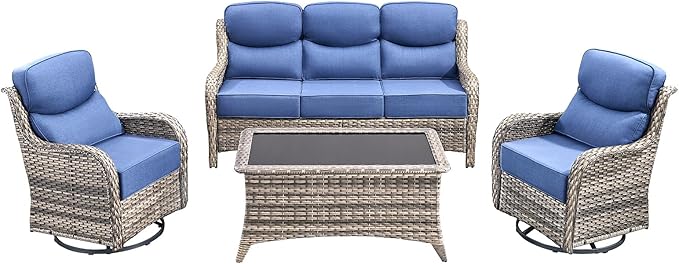 Luxury High Back Outdoor Furniture with 6-Inch Thick Cushions, Patio Furniture Set with Swivel Chairs, 4 PCS Wicker Conversation Set for Porch, Balcony, Deck and Yard