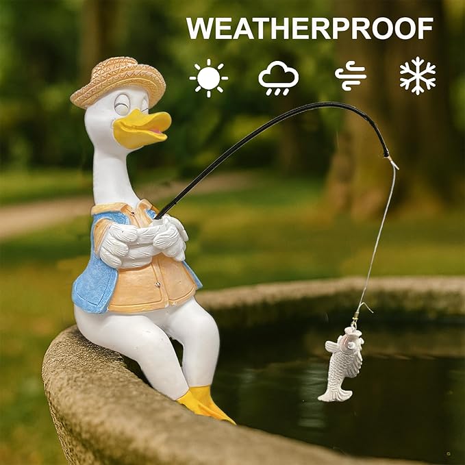 Duck Fishing Statue Garden Decor – 9.8" Weatherproof Resin Duck Fishing Sculpture Decor for Fish Ponds, Koi Ponds, Waterfalls, Poolside & Outdoor Gardens– Resin Figurine for Indoor & Outdoor Décor