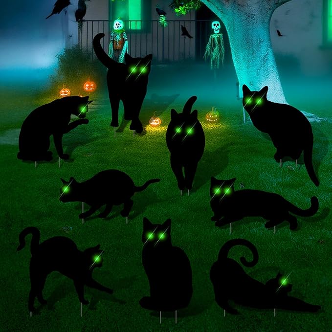 Blulu 9 Pcs Halloween Decorations Outdoor Black Cat Yard Signs with Stakes Scary Silhouette with Glow in The Dark Eyes Corrugated Plastic Waterproof Black Cat Decor for Garden Lawn Patio (Cats)