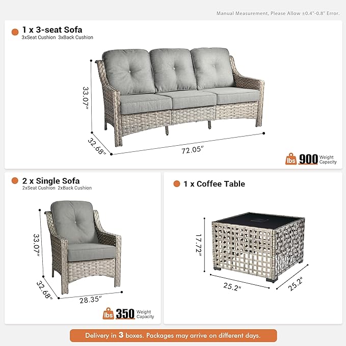 4 Pieces Patio Outdoor Furniture Set,All Weather Wicker Rattan Patio Seating Sofa and Chair Set w/ 3-Seater Sofa and Glowing Coffee Table,Outdoor Conversation Sets for Deck Yard Garden,Dark Grey