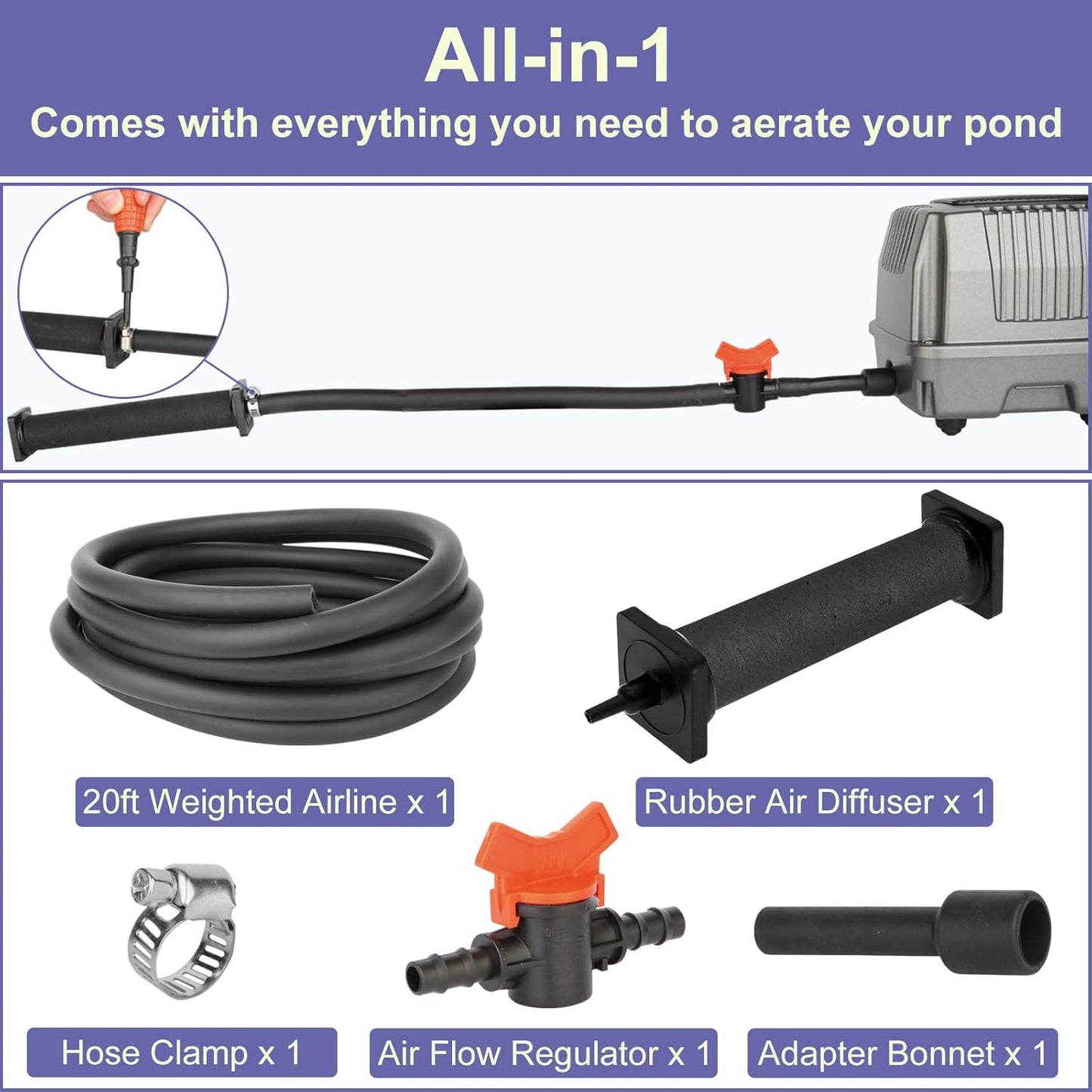 AquaMiracle Koi Pond Aerator Pond Air Pump with Self-Sinking Airline Rubber Air Diffuser, Air Flow Control Pond Deicer All-in-One Pond Aeration Kit for Outdoor Pond 2,000-5,000 Gallons