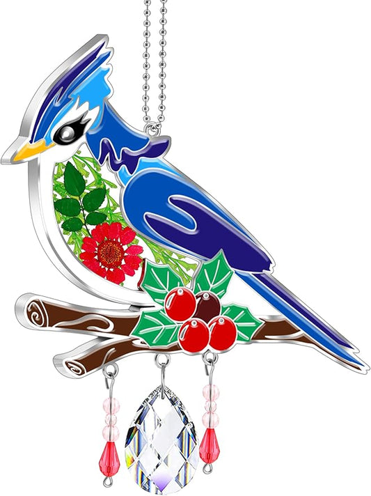 KY&BOSAM Crystal Blue Bird Suncatcher Handmade Bird Sun Catcher for Windows with Real Dried and Pressed Flowers Heart Charm Engraved with Crystal Gifts for Mom Mother`s Day Birthday