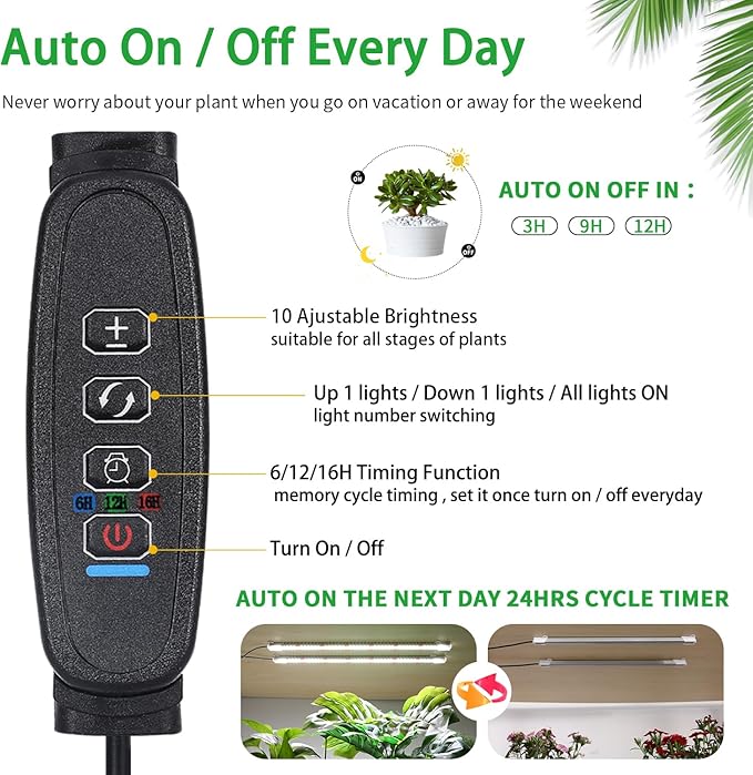 16‘’ LED Grow Light Strips for Indoor Plants，Full Spectrum 120 LEDs with 4 Install Methods, 6/12/16H Timer, 10 Dimmable Levels, 3 Switch Modes for Seedling Succulent Sunlike Strip (2 Head 1 Pack)