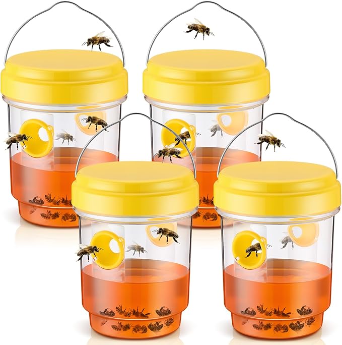 Qualirey 4 Pcs Wasp Traps for Outdoors Wasp Killer Hanging Bee Traps Reusable Fly Bee Killer for Indoor Outdoor Patio Garden Home (Yellow)