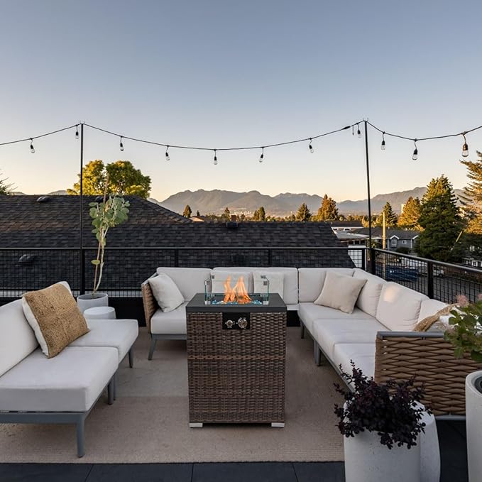 22in Outdoor Propane Gas Fire Pit Table, 40,000 BTU Auto-Ignition Gas Firepit with Glass Wind Guard, Painted Steel Tabletop, Mixed Color Glass Rocks, Brown PE Rattan