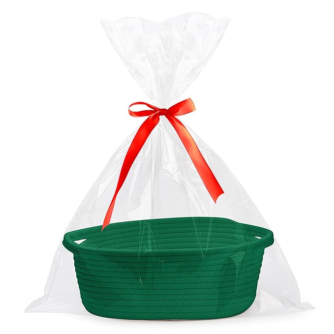 Pro Goleem Small Woven Basket with Gift Bags and Ribbons Durable Baskets for Gifts Empty Small Rope Basket for Storage 12"X 8" X 5" Baby Toy Baskets with Handles, Green