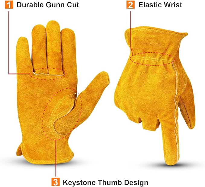 OZERO Leather Work Gloves Flex Grip Tough Cowhide Gardening Glove for Men and Women (Gold With Mesh Lining (1 Pair), X-Large)