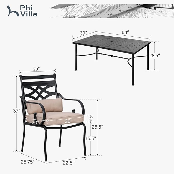 PHI VILLA 7 Pcs Patio Dining Set,Outdoor Table Chair Set for 6 with Outdoor Chairs and Metal Frame Steel Rectangular Table,Outdoor Dining Furniture with Cushion and Pillow for Garden Lawn Deck