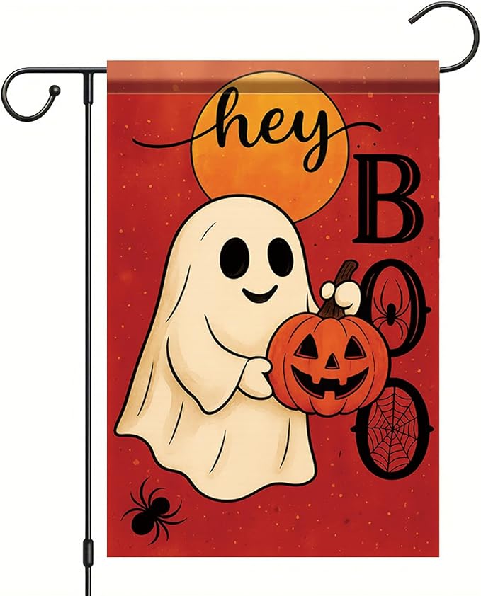 Halloween Garden Flag Hey Boo Ghost Pumpkin Flag 12x18 Inch Double Sided Outdoor Yard Banner for Trick or Treat Haunted House Fall Halloween Decoration Decor