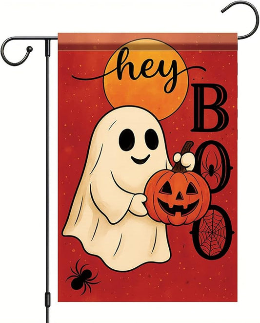 Halloween Garden Flag Hey Boo Ghost Pumpkin Flag 12x18 Inch Double Sided Outdoor Yard Banner for Trick or Treat Haunted House Fall Halloween Decoration Decor