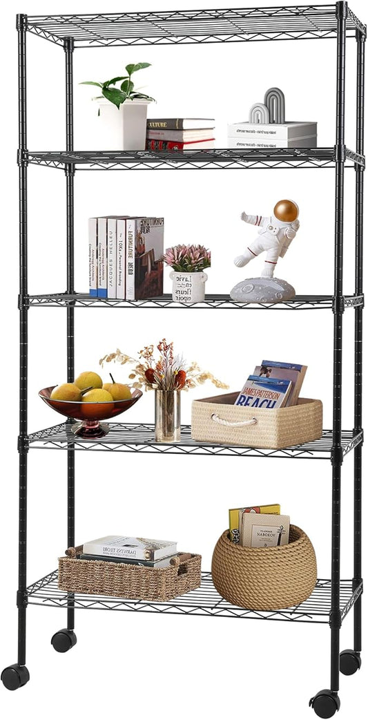 FDW Adjustable 5-Tier Metal Shelf with Wheels, 250 lbs Capacity, Easy Assembly, Ideal for Small Spaces