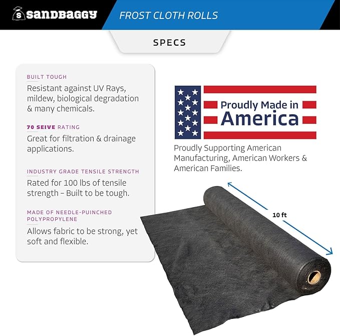 Sandbaggy Frost Cloth Rolls (10 ft x 100 ft) | Winter Cover for Shrubs, Trees, Gardens | Plant Blanket, Freeze Protection | Black, 4 oz Polypropylene (1 roll)