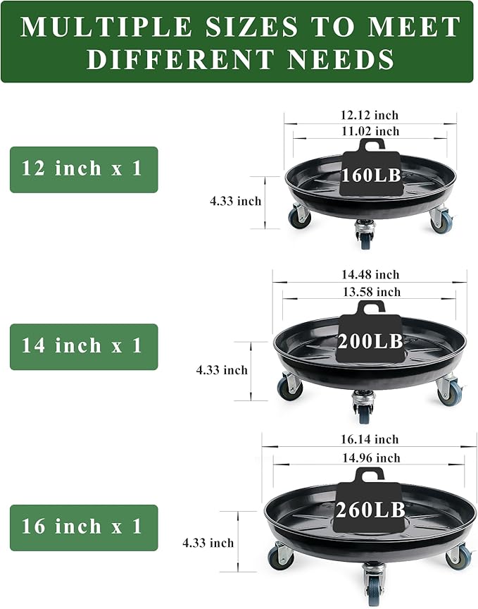 Metal Heavy Duty Plant Caddy Round Flower Pot Mover, 3 Pack Mixed of 12", 14" and 16" Rolling Plant Stand with Wheels, Indoor Outdoor Plant Dolly with Casters Planter Tray, Black