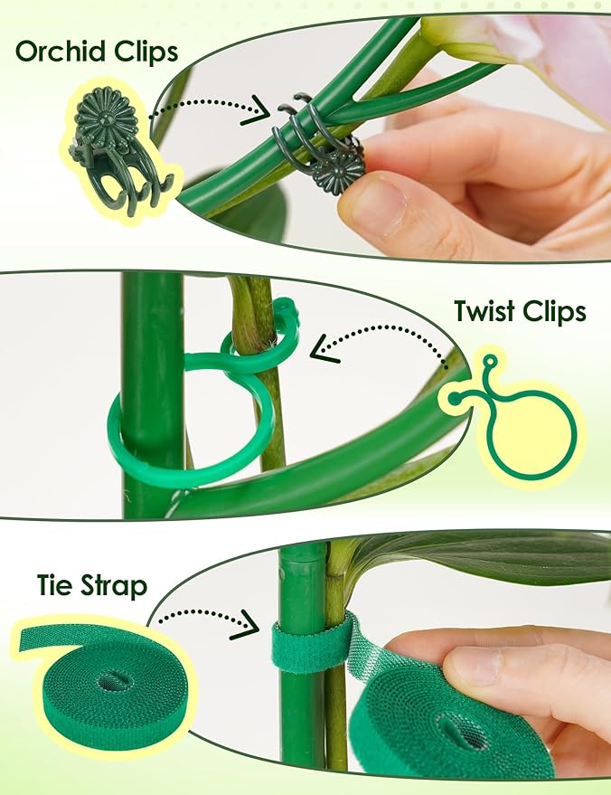 NiHome 28" Plant Support Stakes Set of 6 for Indoor & Outdoor Garden, Durable UV-Resistant Stakes with 12 Orchid Clips, 12 Circular Clips & 6 Ft Plant Tie for Climbing Plants, Vines & Shrubs (Green)