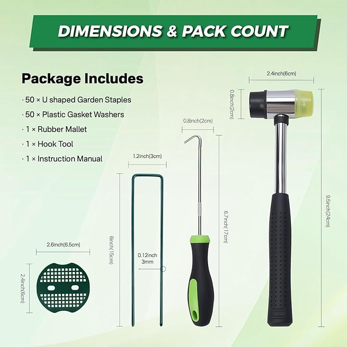 50pcs 6 Inch Green Artificial Turf Stakes Staples+50pcs Washers+Pick Hook+Rubber Mallet, 11 Gauge Landscape Staples, Galvanized Lawn Spikes Yard Ground Pin for Artificial Grass Weed Barrier Sod Fabric