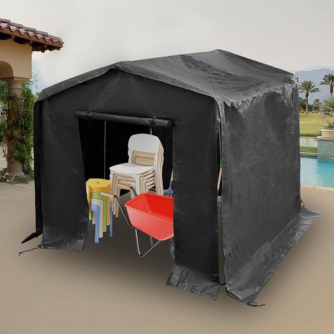 8x8x8 FT Outdoor Storage Shelter Carport, Portable Storage Tent with Roll-up Door, Waterproof Outdoor Carport for Bike, Lawn Mower, ATV Storage (Black)