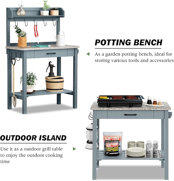 Outdoor Potting Bench Table with Metal Tabletop, Planting Table Potting Work Station with Storage Drawer and Removable Shelf Rack, Garden Potting Table for Outdoors
