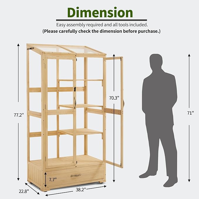 Macrout Cold Frame Greenhouse, Tall Wooden Greenhouse for Outdoor Indoor Use with Polycarbonate Panels, 3 Tier Garden Cold Frame with Drawer and Shelves, 0864 (Natural)