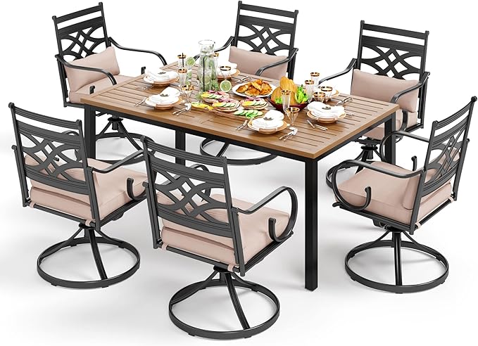 PHI VILLA 7 Pcs Patio Dining Set,Outdoor Table Chair Set for 6 with Outdoor Chairs and Metal Frame Steel Rectangular Table,Outdoor Dining Furniture with Cushion and Pillow for Garden Lawn Deck