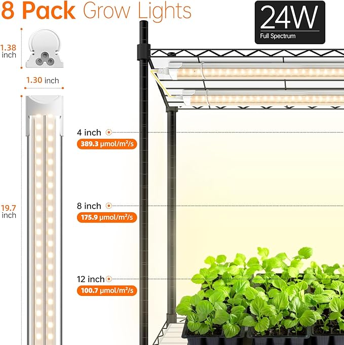DIY Plant Shelf with Grow Lights and EVA Greenhouse Cover, Plant Stand with Adjustable Rack and Wheels, 8-Pack 192W T8 3000K Full Spectrum Plant Lights for Seed Starting (29.5L x 13.8W x 70.9H)