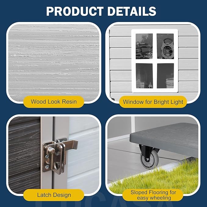 CDCASA 6x4 FT Resin Shed, Waterproof Outdoor Small Storage Shed with Floor & Lockable Door & Window & Vents, Plastic Tool Shed for Outside, Patio, Poolside, Grey